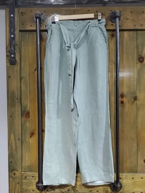 Anna Sage Green Tie-Waist Linen-Blend Pants Comfy Flowy Light Vacay Resort